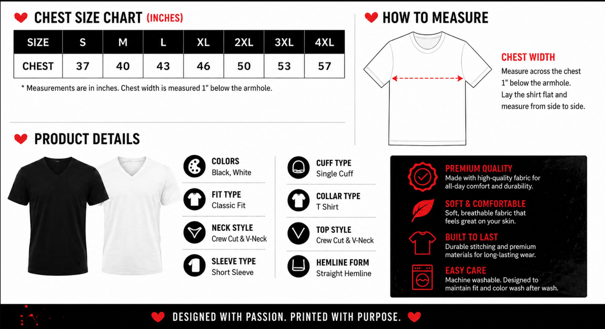 Raggedy Prints size guide with chest size chart, measurement instructions, and product details for black and white V-neck shirts.